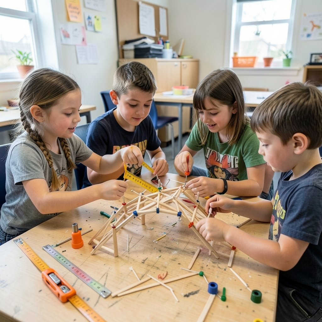 Group of kids building a stick bridge together