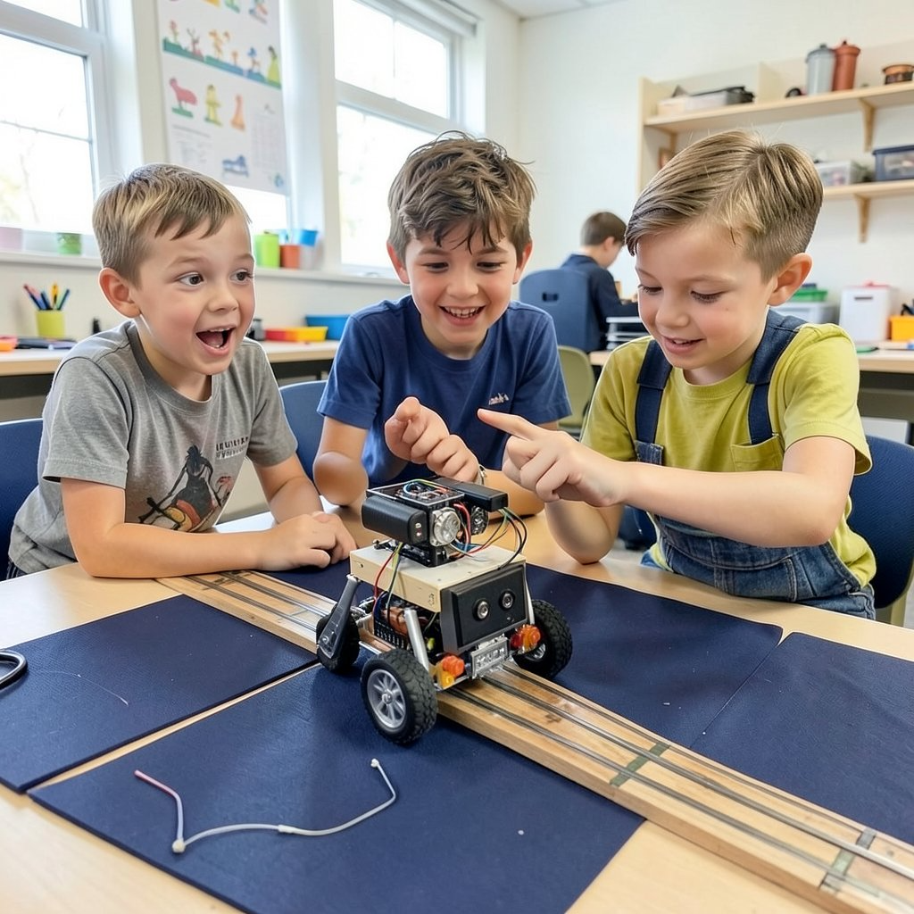 Three boys with a small robot on a race track