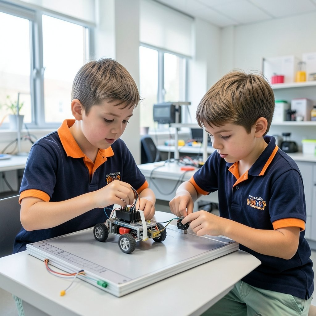 Two young campers assembling a wheeled robot car together at a build table