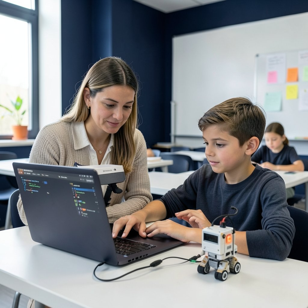 A young first-time builder being helped to code a small robot by a mentor