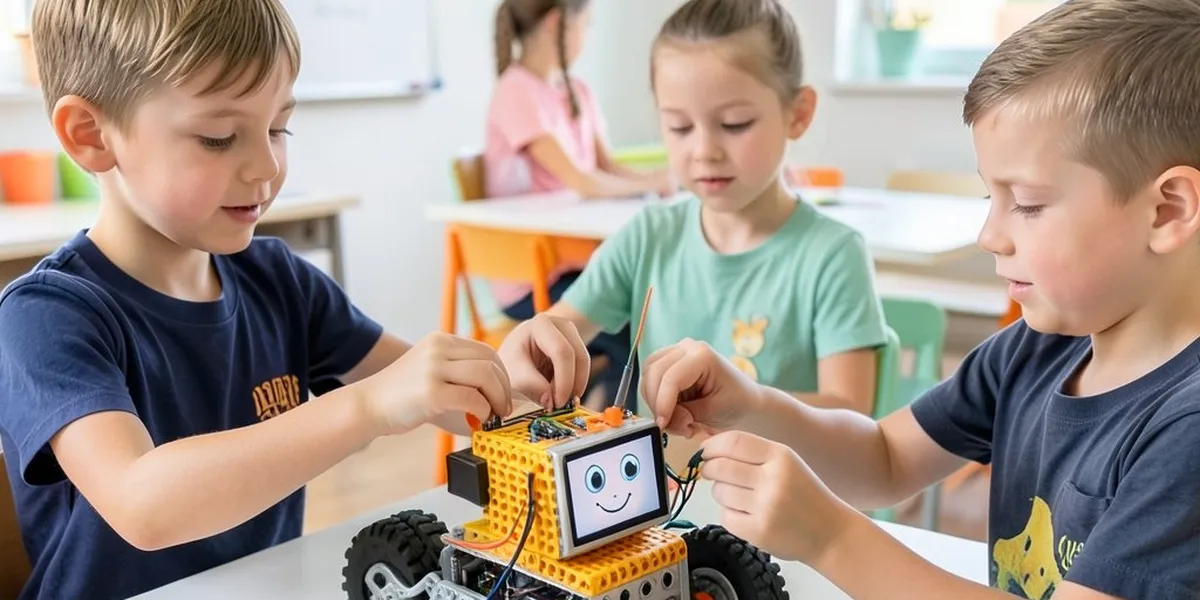 Children building a robot kit together at camp