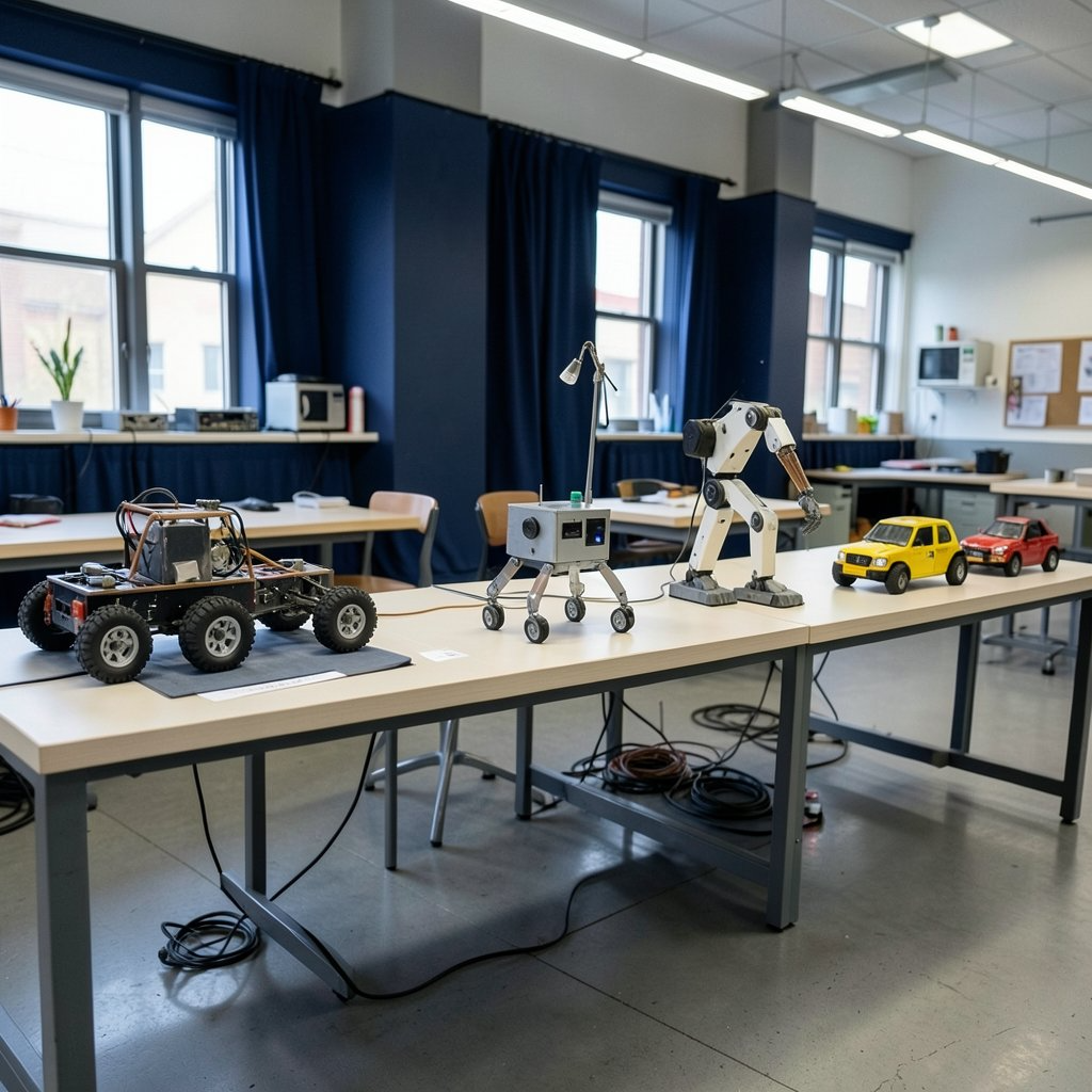 Robotics lab workshop with student projects on tables