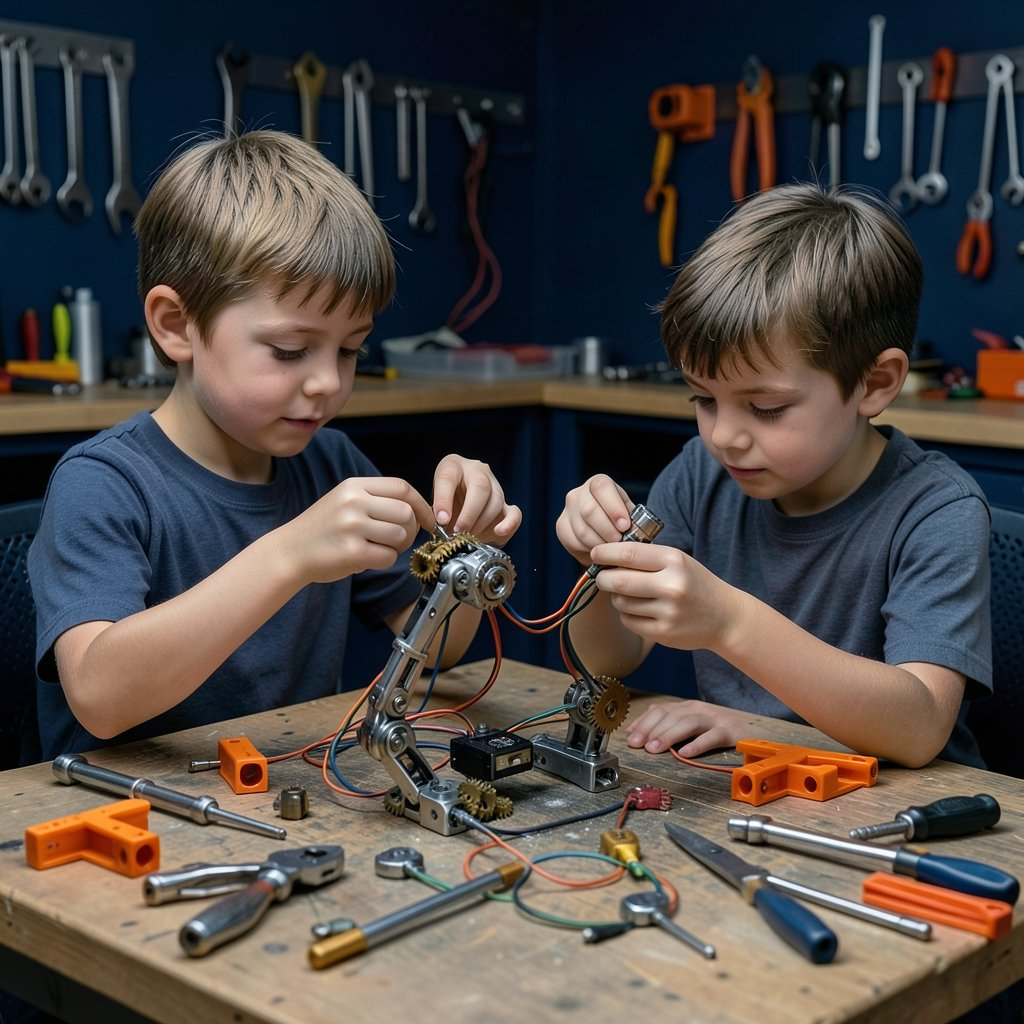Two boys assembling a mechanical arm with tools