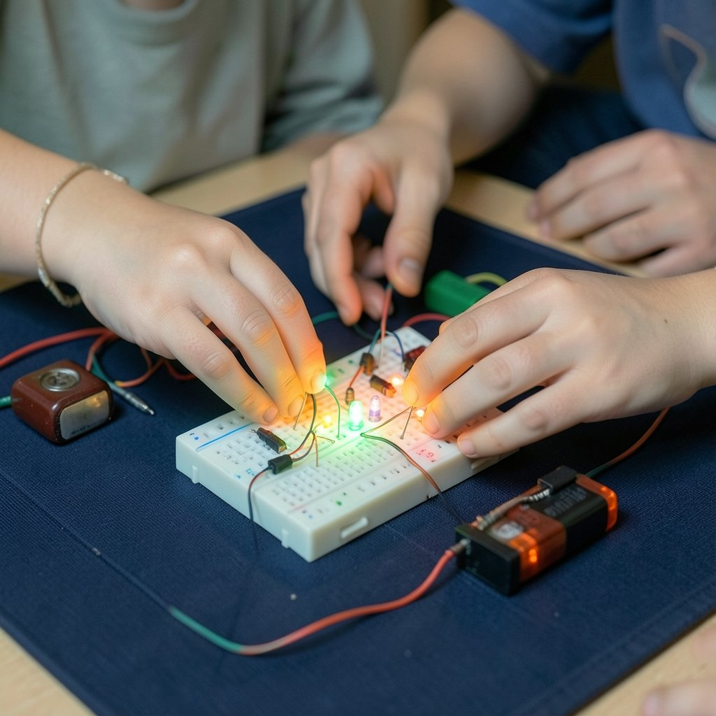 Hands building a glowing LED circuit on a breadboard