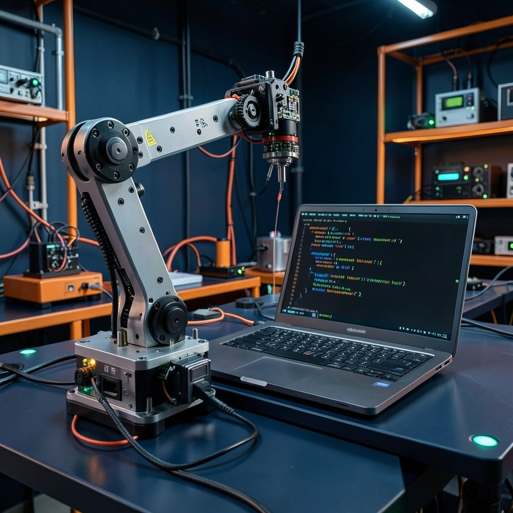 Robot arm connected to a laptop showing code