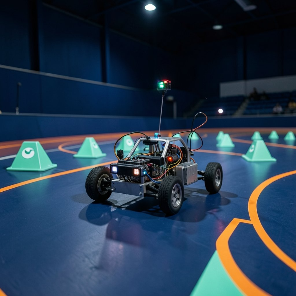 Robot cars racing around an arena competition track