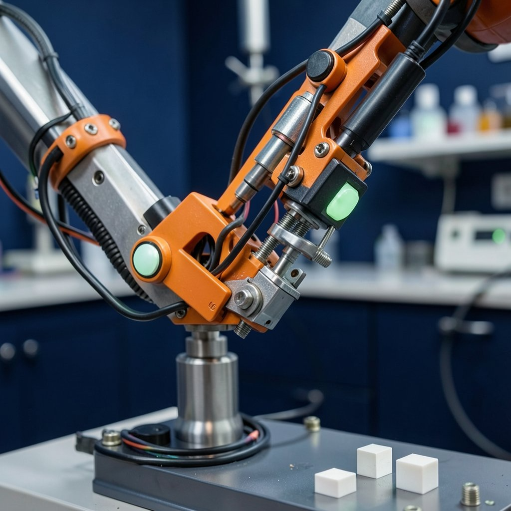 Orange and grey robotic arm close-up