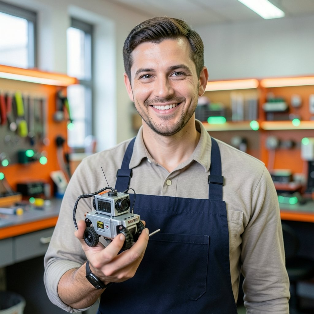 Smiling instructor holding a small robot