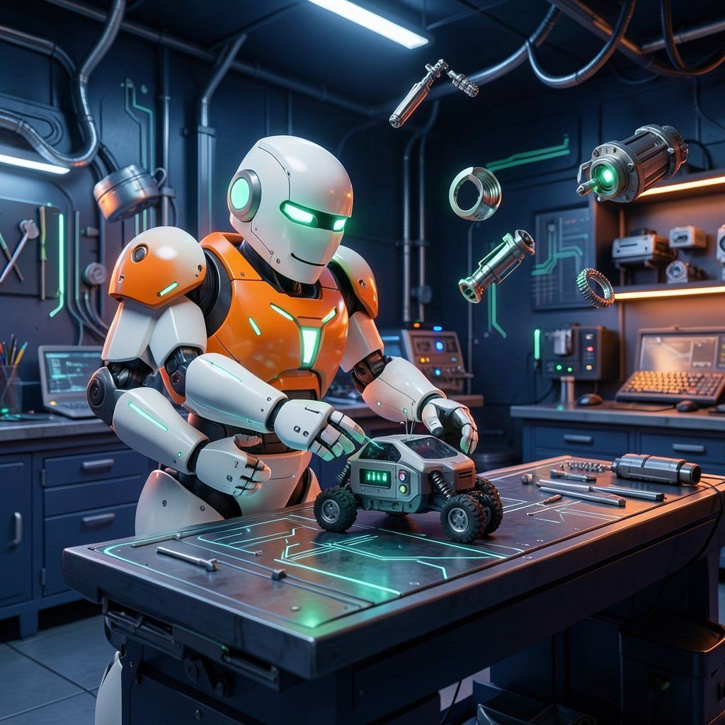 Robot assembling a small car in a workshop