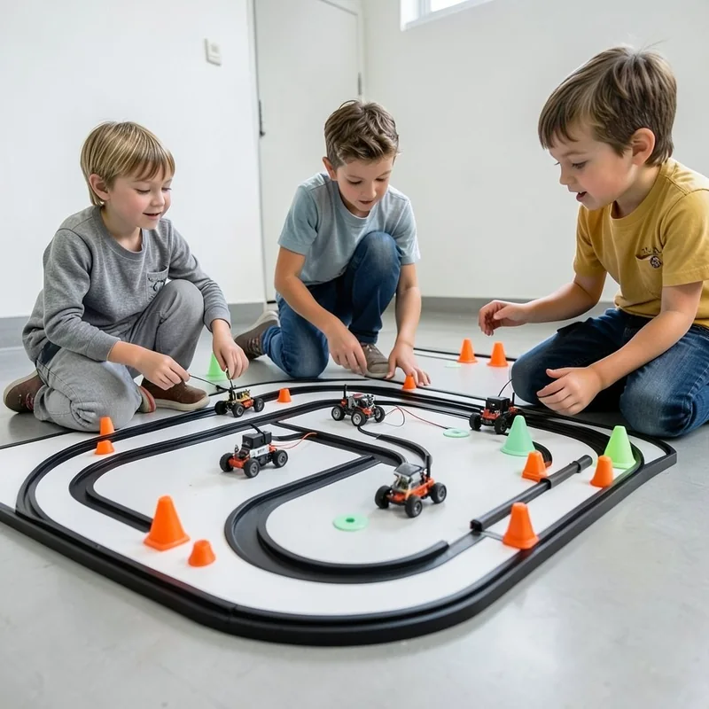 Three campers watching small robot cars race around a taped track