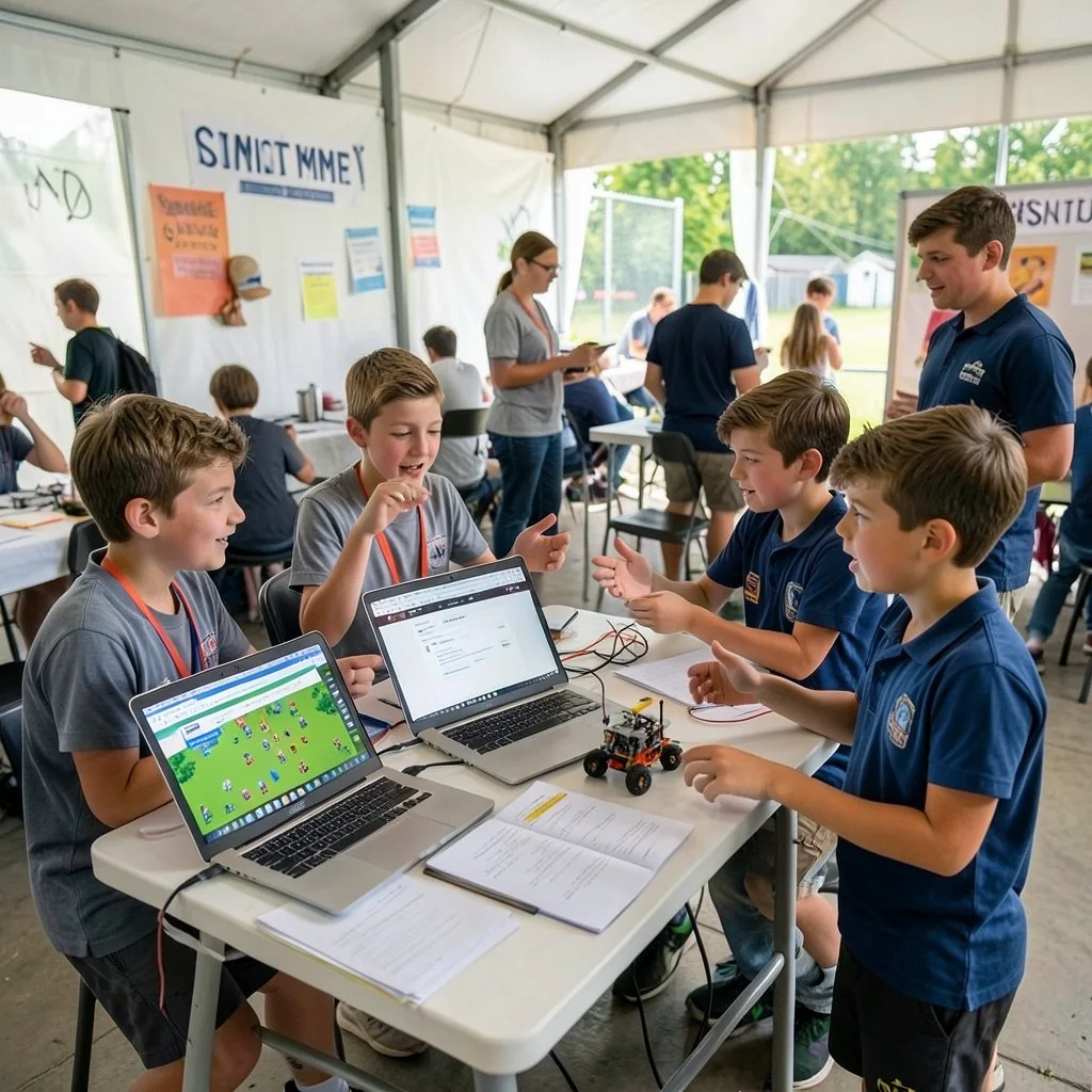 Campers showing laptop projects at a busy demo day tent