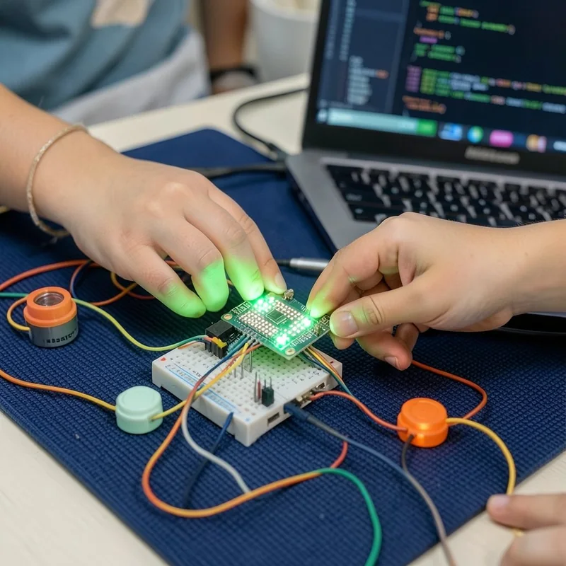 Hands wiring a glowing green circuit on a breadboard