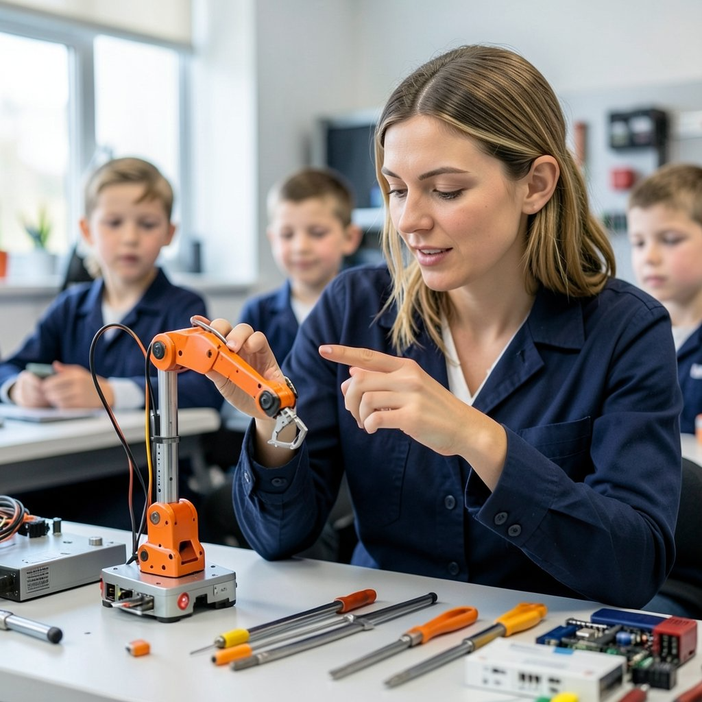Mentor showing a student an orange robot arm