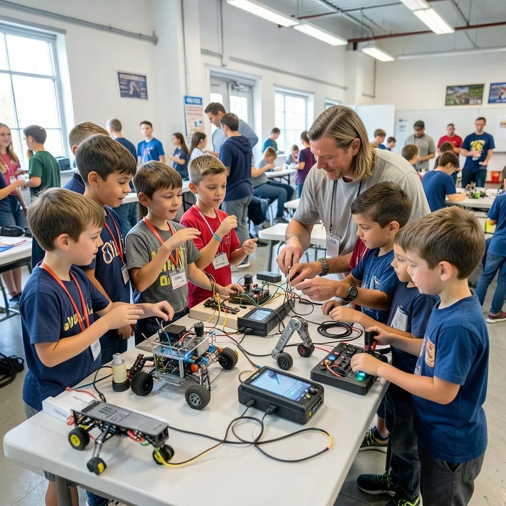 Campers building robots with a mentor in a bright workshop