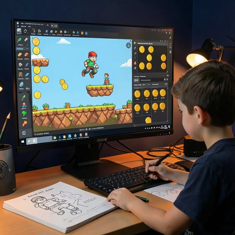 Student coding a platformer game next to a hand-drawn sketch