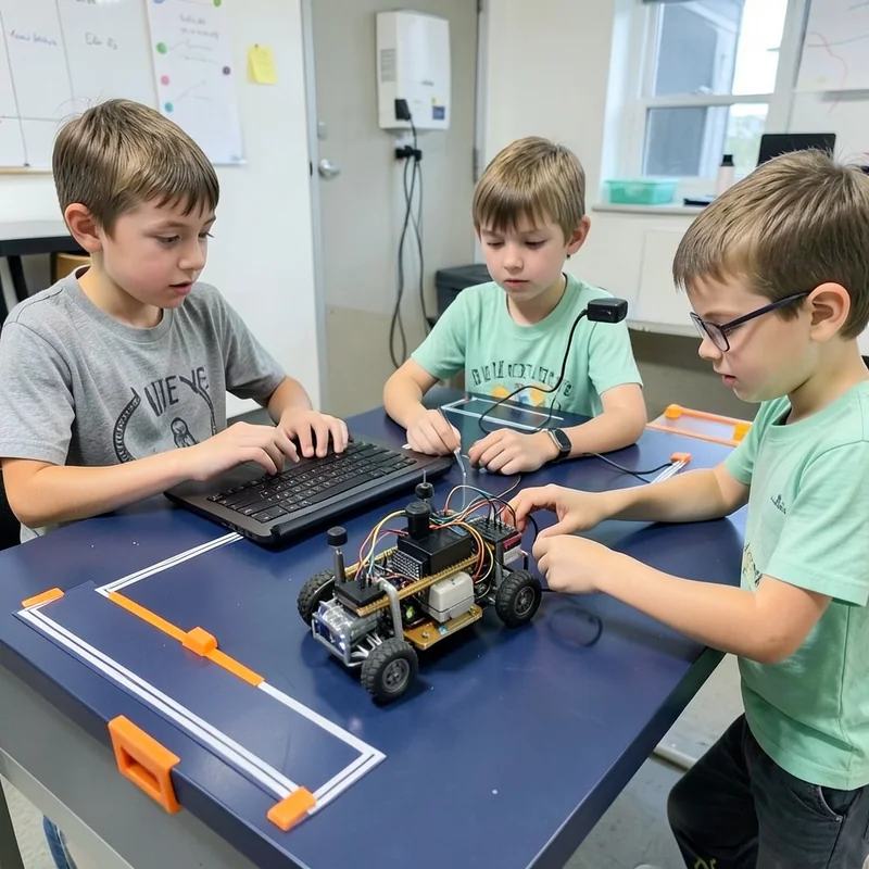 Three students teaching a small robot car to follow lines on an arena mat