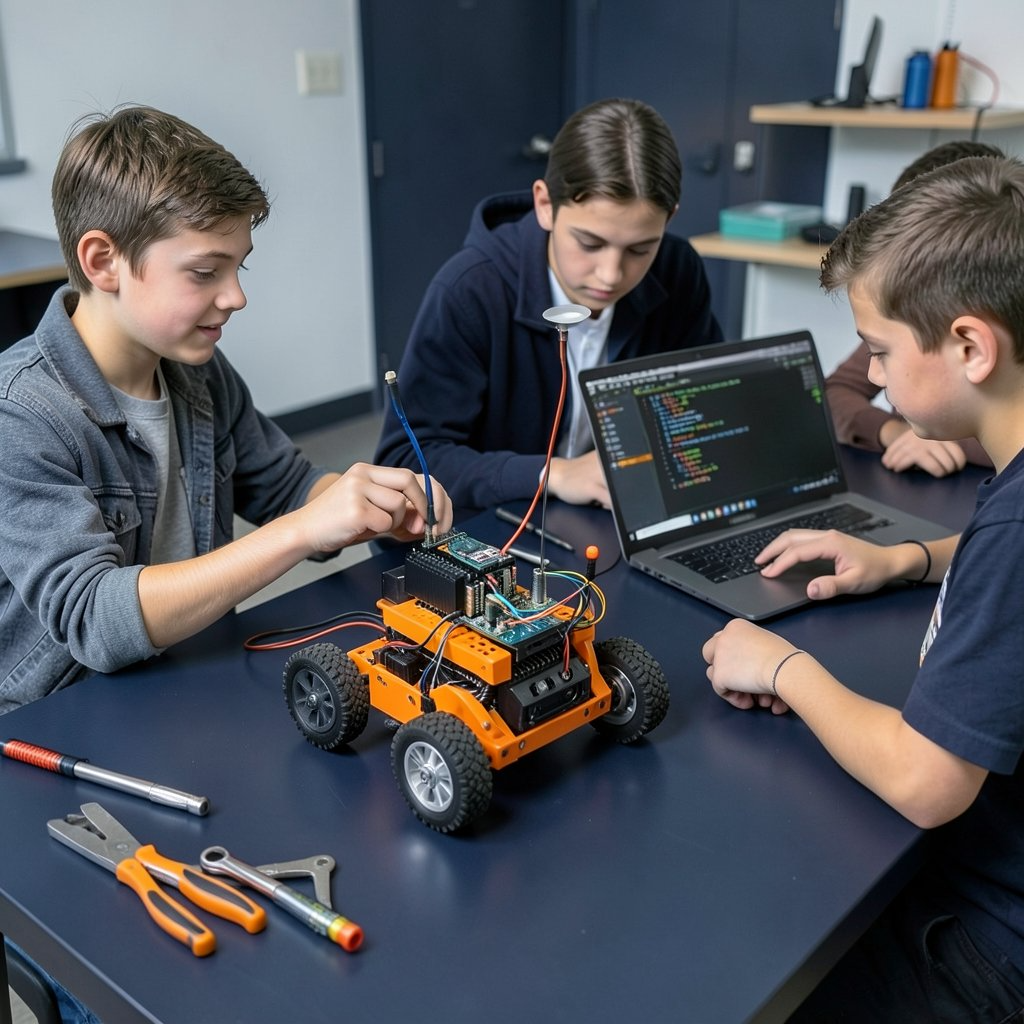 Teen camper building an orange robot car with a laptop and a mentor nearby