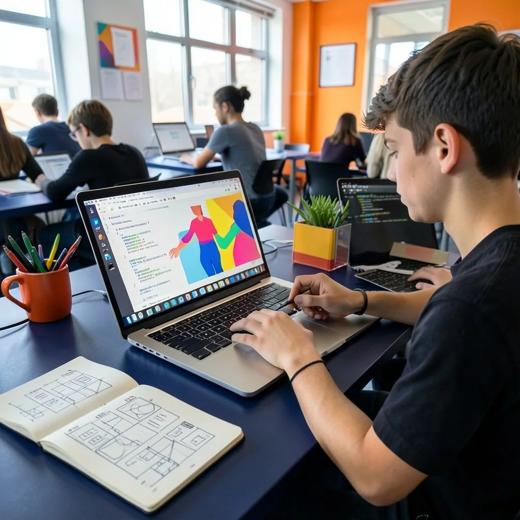 Student coding at a laptop next to a notebook of diagrams