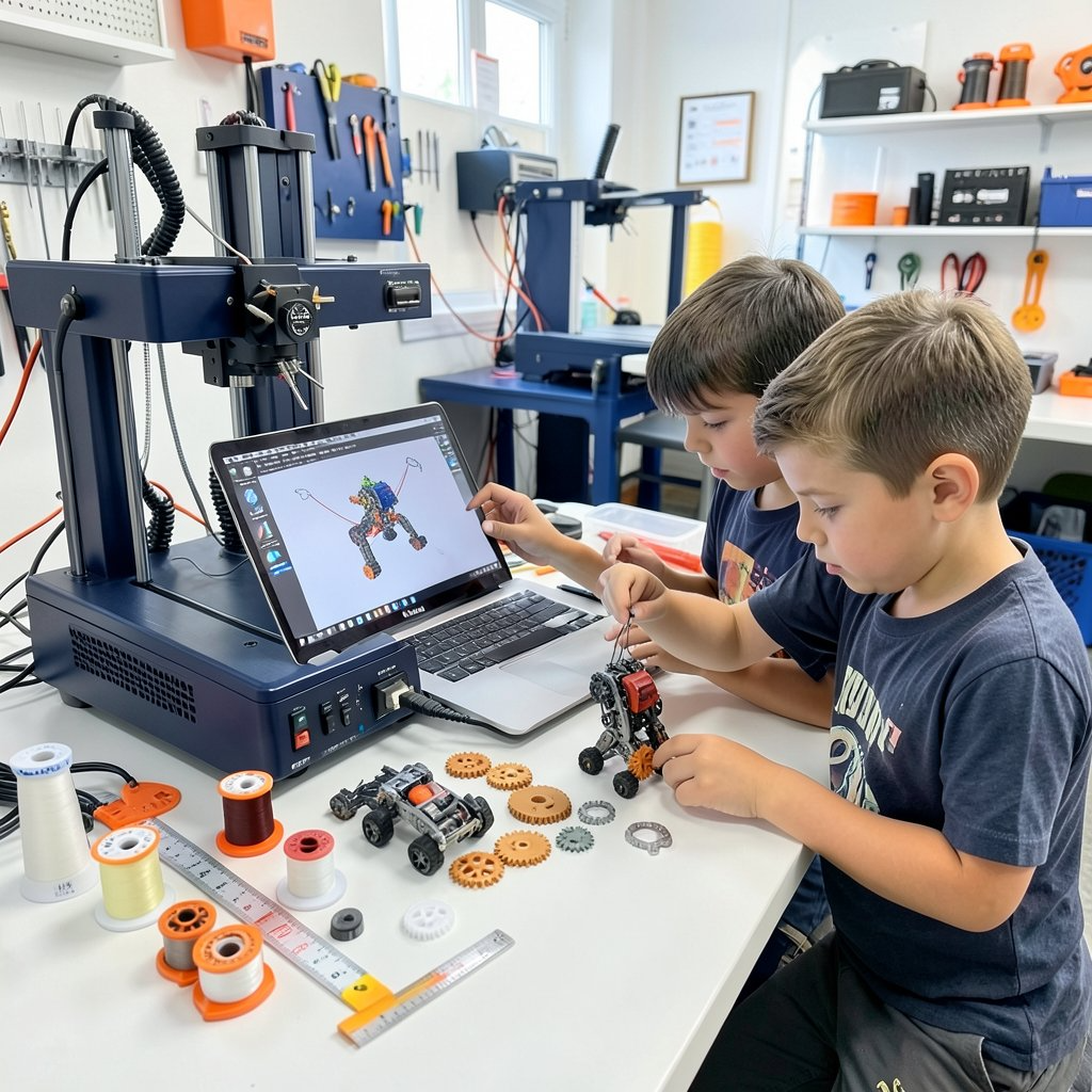 Kids with a 3D printer and gears on a workbench