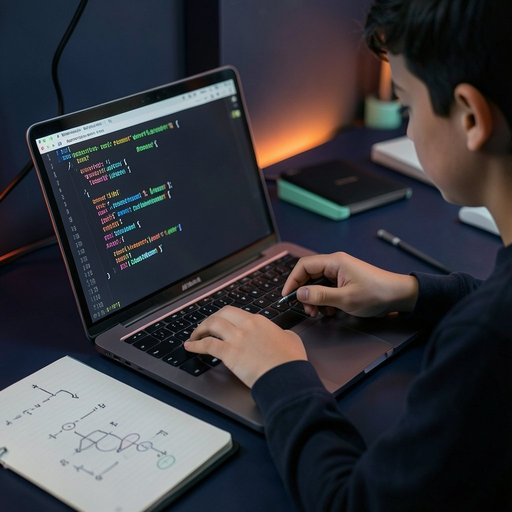 Student writing code on a laptop beside circuit sketches