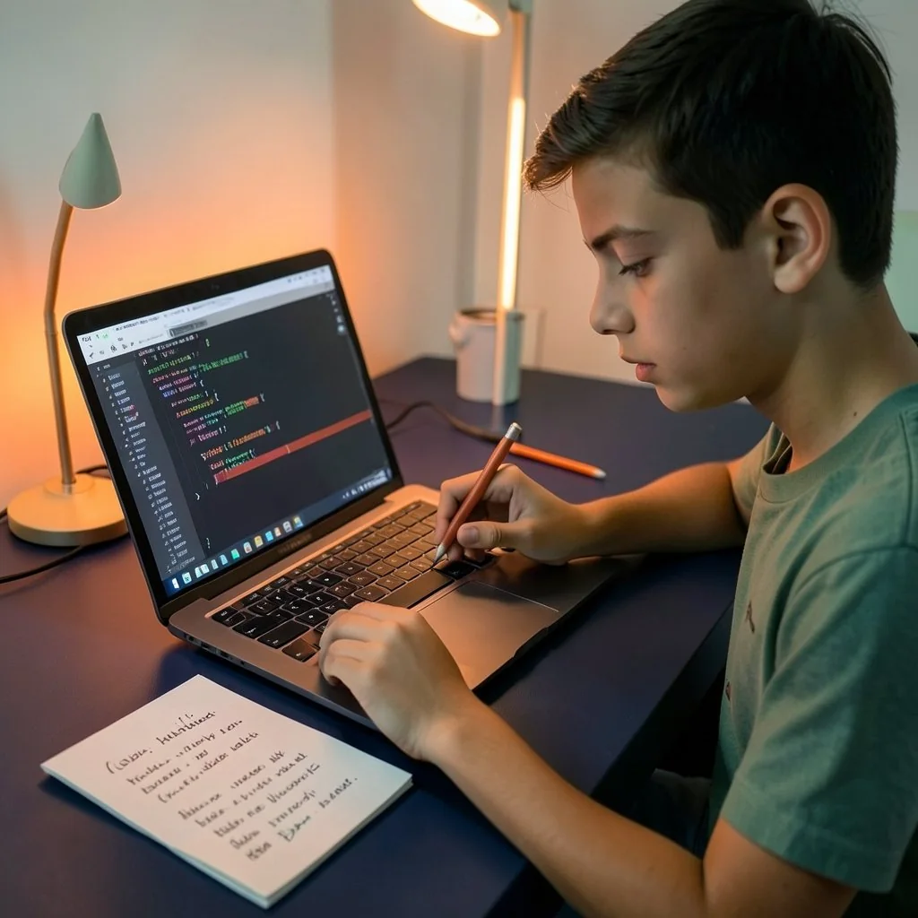 Student reviewing code beside a lamp and handwritten notes