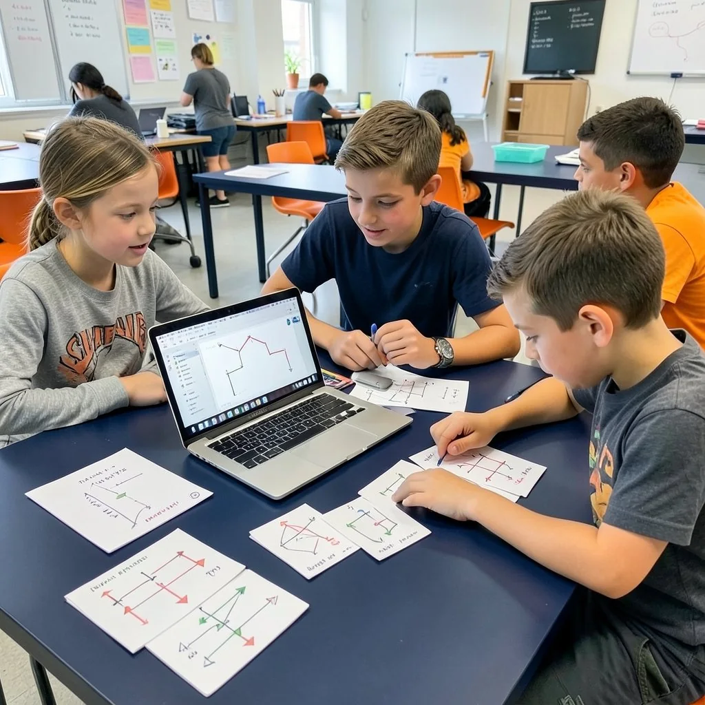 Kids sketching robot plans on paper at a shared table