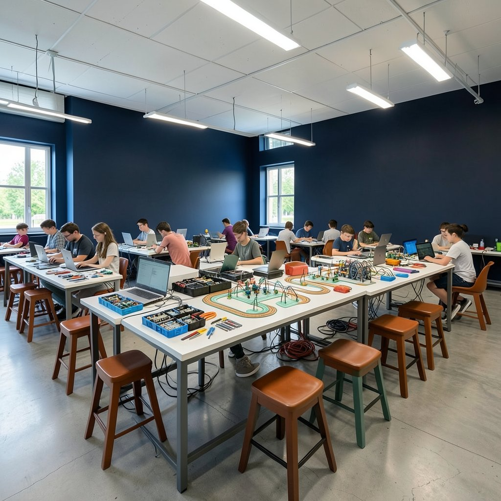 Wide maker lab with long workbenches and students building robots